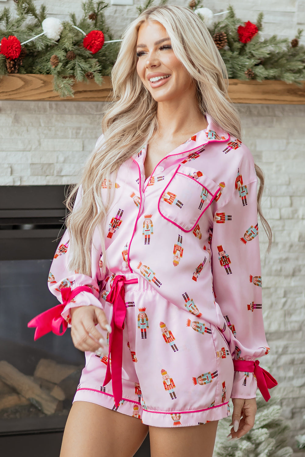 Pink Nutcracker Print Two Piece Pajama Set Contrast Trim Bow Dear-Lover Dropshipping